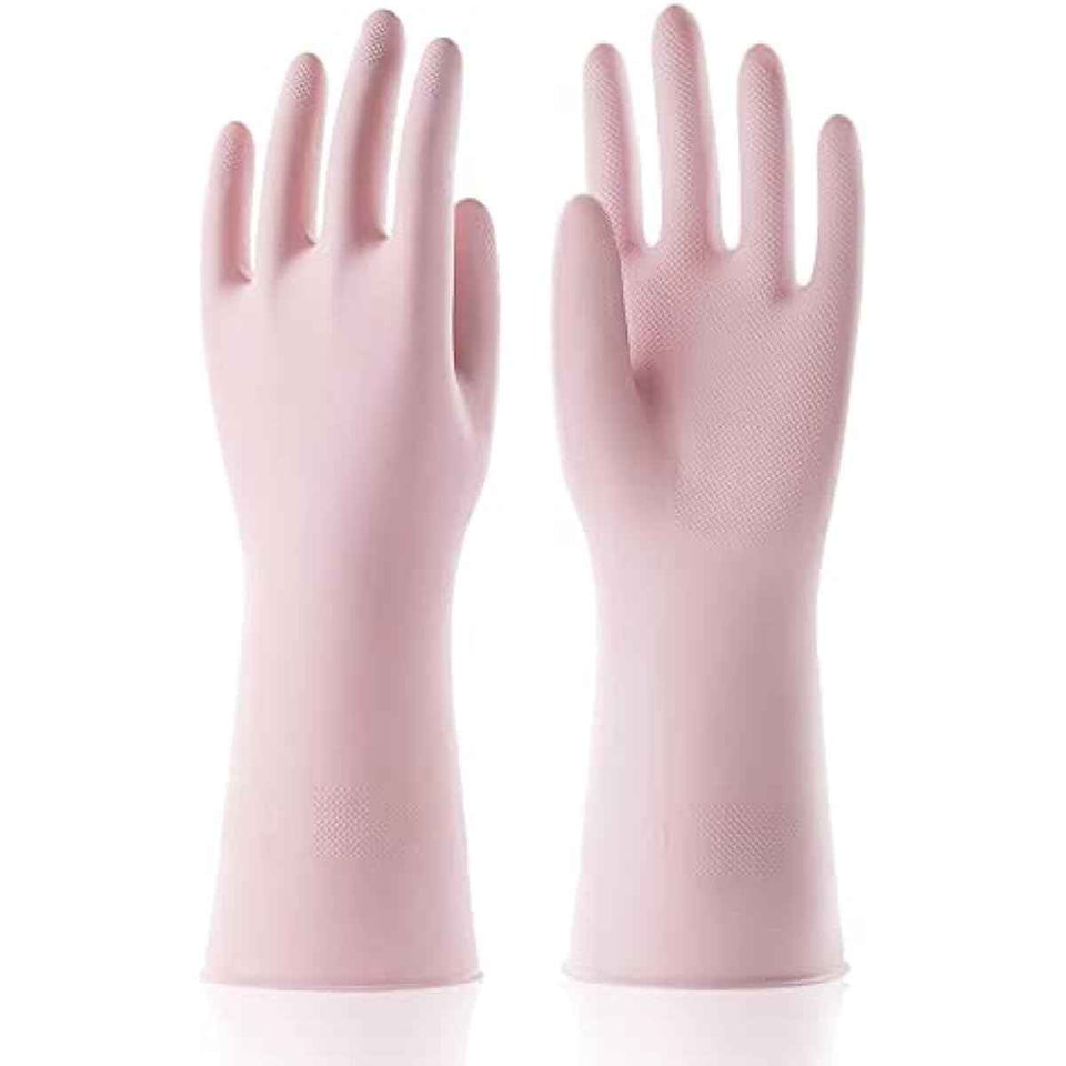 COOLJOB Medium Household Rubber Gloves with Cotton Liner, Non-slip Grip, and Waterproof Long Lasting Dishwashing Gloves for Kitchen and Bathroom Cleaning, Light Pink, 1 Pair