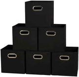 Household Essentials Foldable Fabric Storage Bins 6 Piece Set, Strong Poly-Woven Fabric, Sturdy Chipboard Sides, Grommet Front Handle, Stackable and Foldable, Classic Design, Black