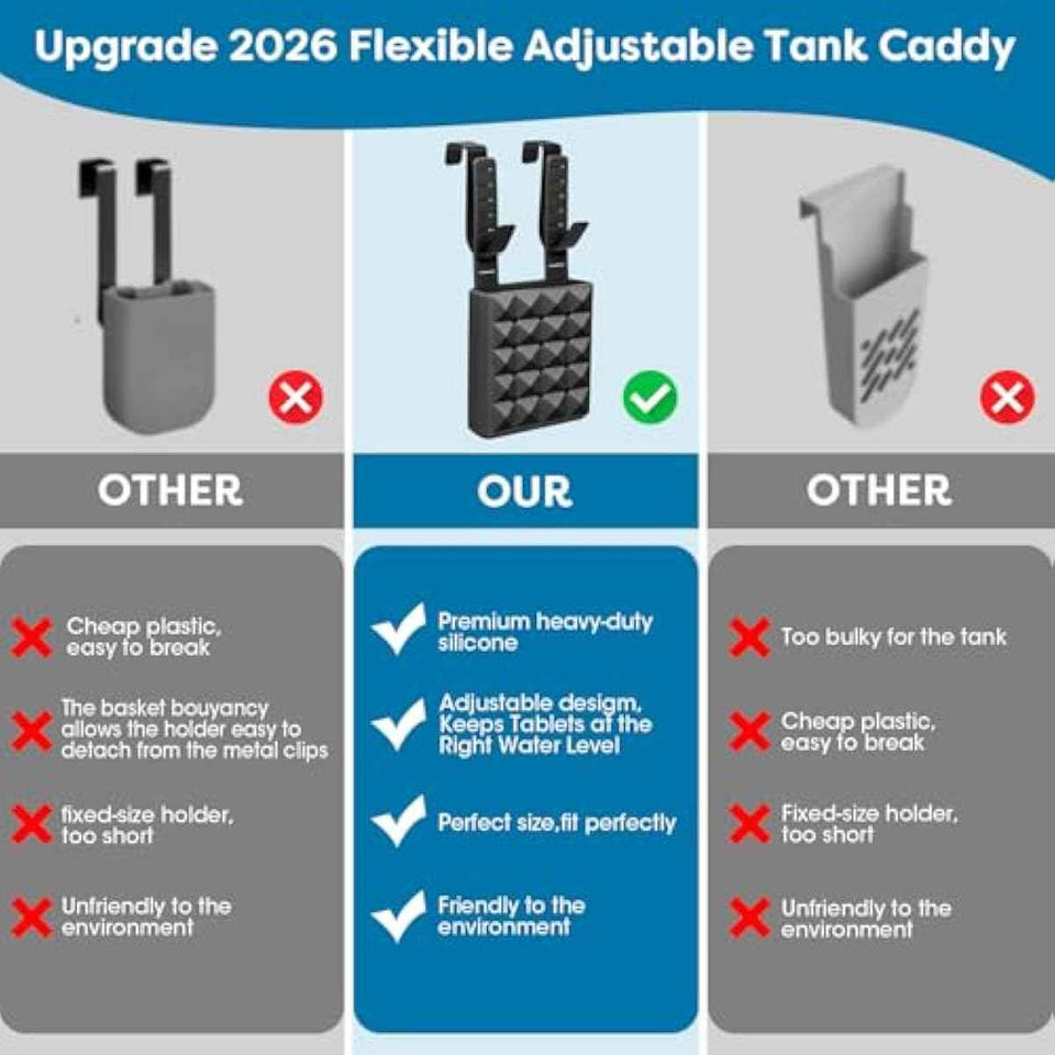 Adjustable toilet tank cleaning tablet holder with rustproof hooks and flexible silicone straps fits standard tanks