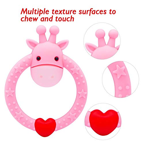 SHARE&&CARE BPA Free Silicone baby teether giraffe toy with storage case, for 3 months above infant sore gums pain relief (Pink)