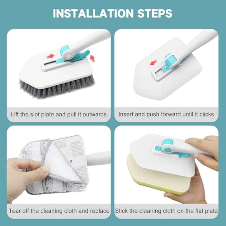 nacena Shower Scrubber with Long Handle, 3 in 1 Tile Tub Scrubber Brush with 3 Detachable Cleaning Heads Adjustable Handle Shower Cleaner Brush for Bathroom, Kitchen, Toilet, Wall, Sink, Blue White