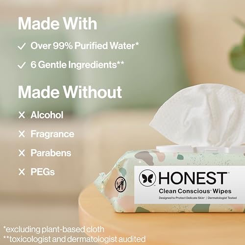Honest Company Hypoallergenic Baby Wipes for Sensitive Skin, Fragrance-Free, 576 Count (6 Packs of 96)