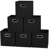 Household Essentials Foldable Fabric Storage Bins 6 Piece Set, Strong Poly-Woven Fabric, Sturdy Chipboard Sides, Grommet Front Handle, Stackable and Foldable, Classic Design, Black