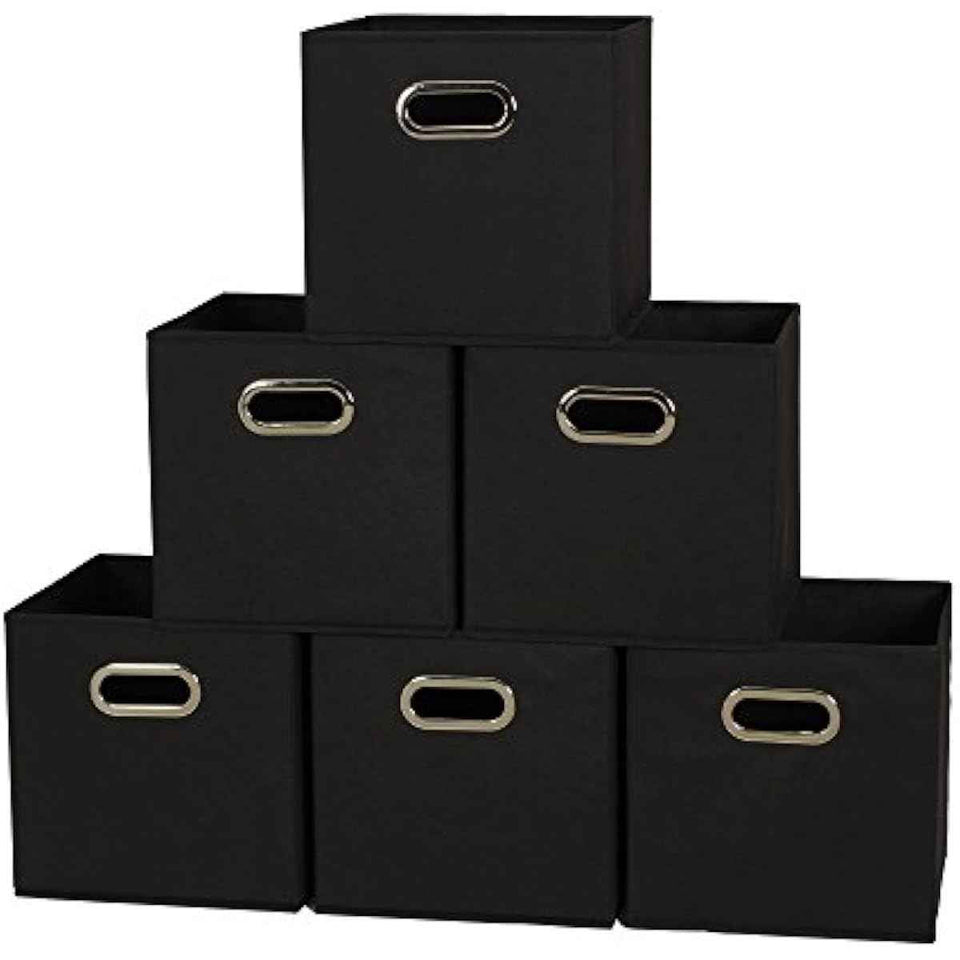 Household Essentials Foldable Fabric Storage Bins 6-Piece Set | Sturdy Chipboard Sides, Grommet Front Handle, Stackable and Foldable, Classic Black Design