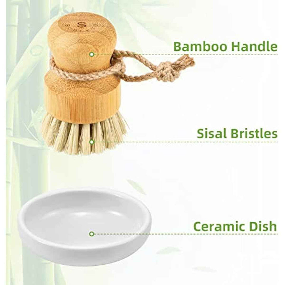 SUBEKYU bamboo kitchen dish scrub brush with natural sisal bristles for gentle cleaning