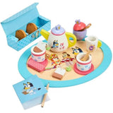 bluey 18-piece wooden tea party set, toddler-friendly tea set with tray, teapot, and utensils
