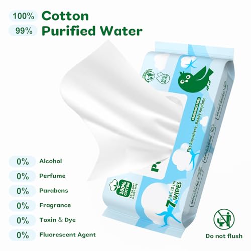 100% Cotton, 99% Purified Water, Hypoallergenic Mini Wet Wipes, Unscented, 56 Count for Travel Essentials