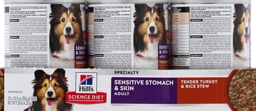 Hills science diet adult 1-6 sensitive stomach & sensitive skin dog food, 12.5 oz tender turkey & rice stew in gravy, 12-pack