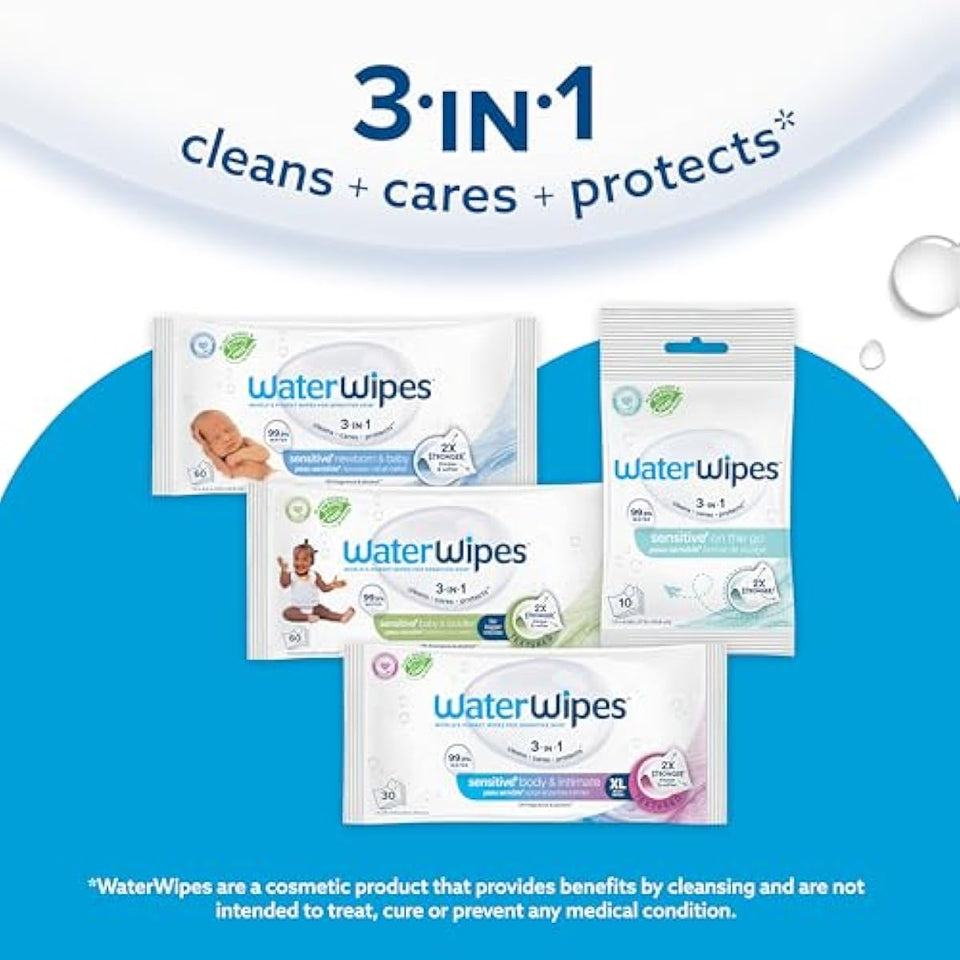 WaterWipes Sensitive+ Newborn & Baby Wipes, 3-in-1 cleans, cares, protects, 99.9% water, unscented & hypoallergenic, 60 count, 2x stronger, thicker & softer