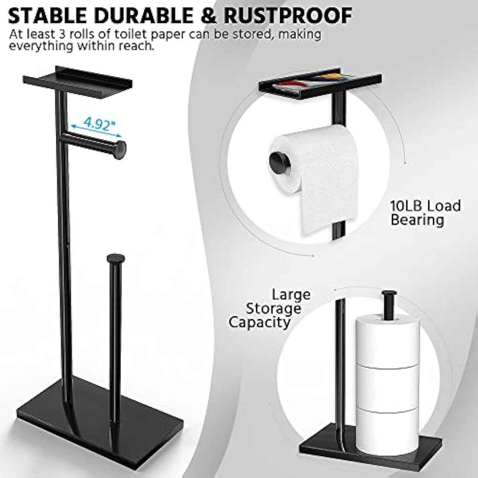 CISILY Black Toilet Paper Holder Stand with Phone Shelf: Multifunctional Bathroom Storage and Decor
