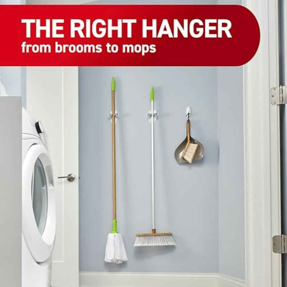 Command Broom and Mop Grippers, 2 Hangers and 4 Strips, Damage-Free Hanging Wall Mount and Mop Holder, Household Cleaning Organizer for Christmas Decorations, Holds up to 4 lb,Plastic