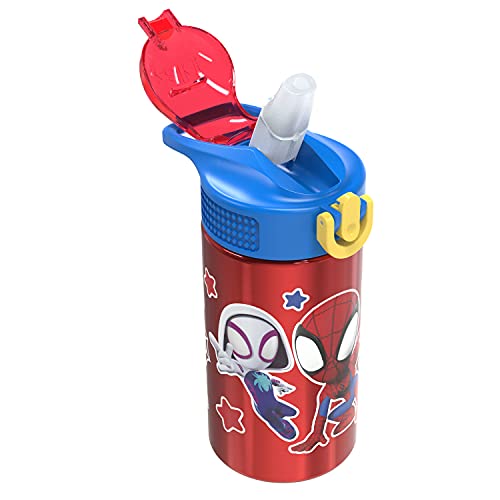 Zak Designs Marvel Spider-Man 18/8 Single Wall Stainless Steel Kids Water Bottle, Flip Straw Locking Spout Cover, Durable Cup for Sports or Travel (15.5oz, Non-BPA, Spidey and His Amazing Friends)