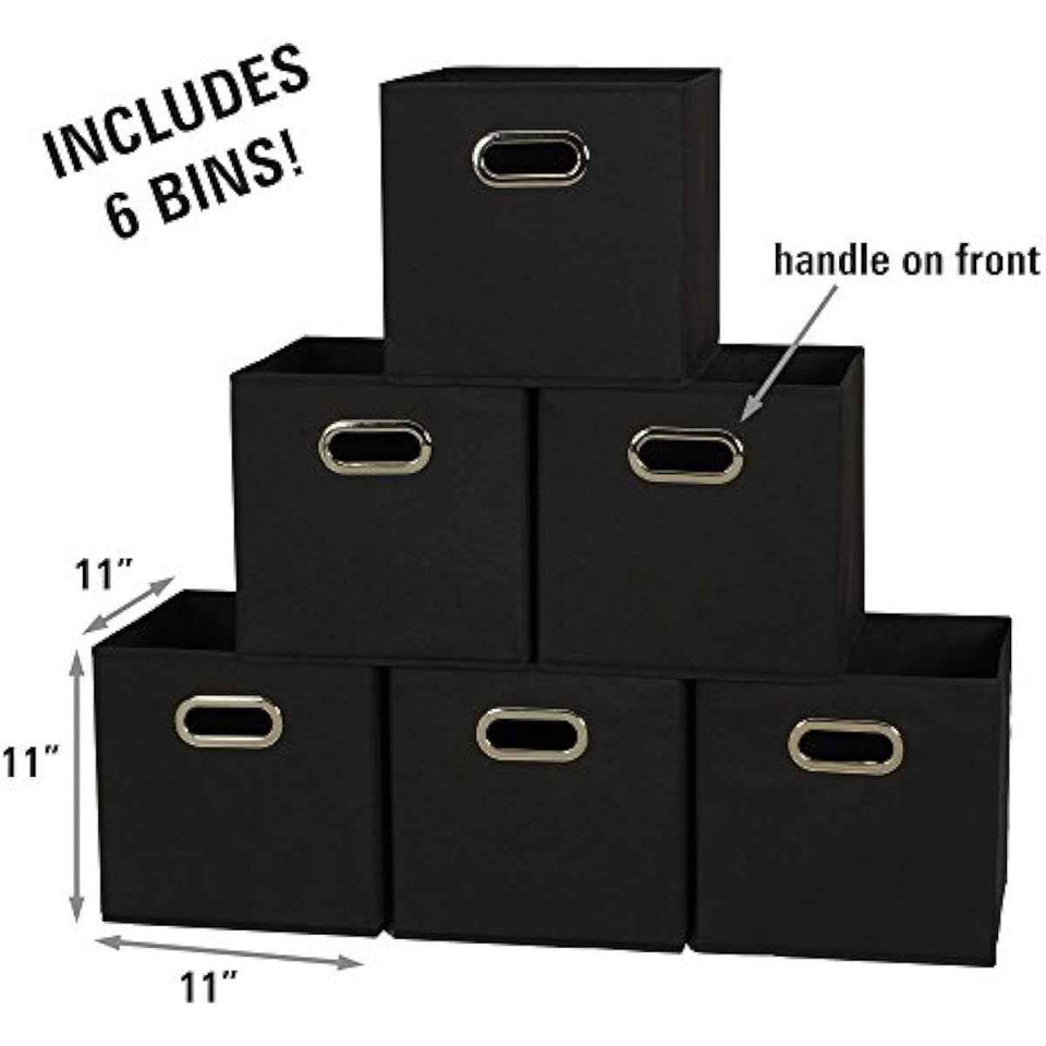 Household Essentials Foldable Fabric Storage Bins 6-Piece Set | Sturdy Chipboard Sides, Grommet Front Handle, Stackable and Foldable, Classic Black Design