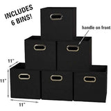 Household Essentials Foldable Fabric Storage Bins 6 Piece Set, Strong Poly-Woven Fabric, Sturdy Chipboard Sides, Grommet Front Handle, Stackable and Foldable, Classic Design, Black