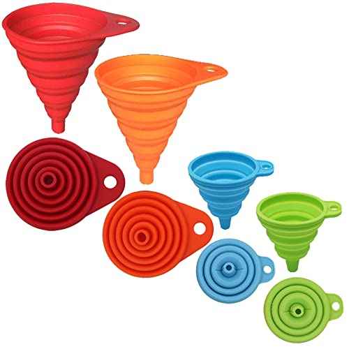 kongnai kitchen funnel set 4 pack, small and large, food-grade silicone collapsible funnels for liquid transfer