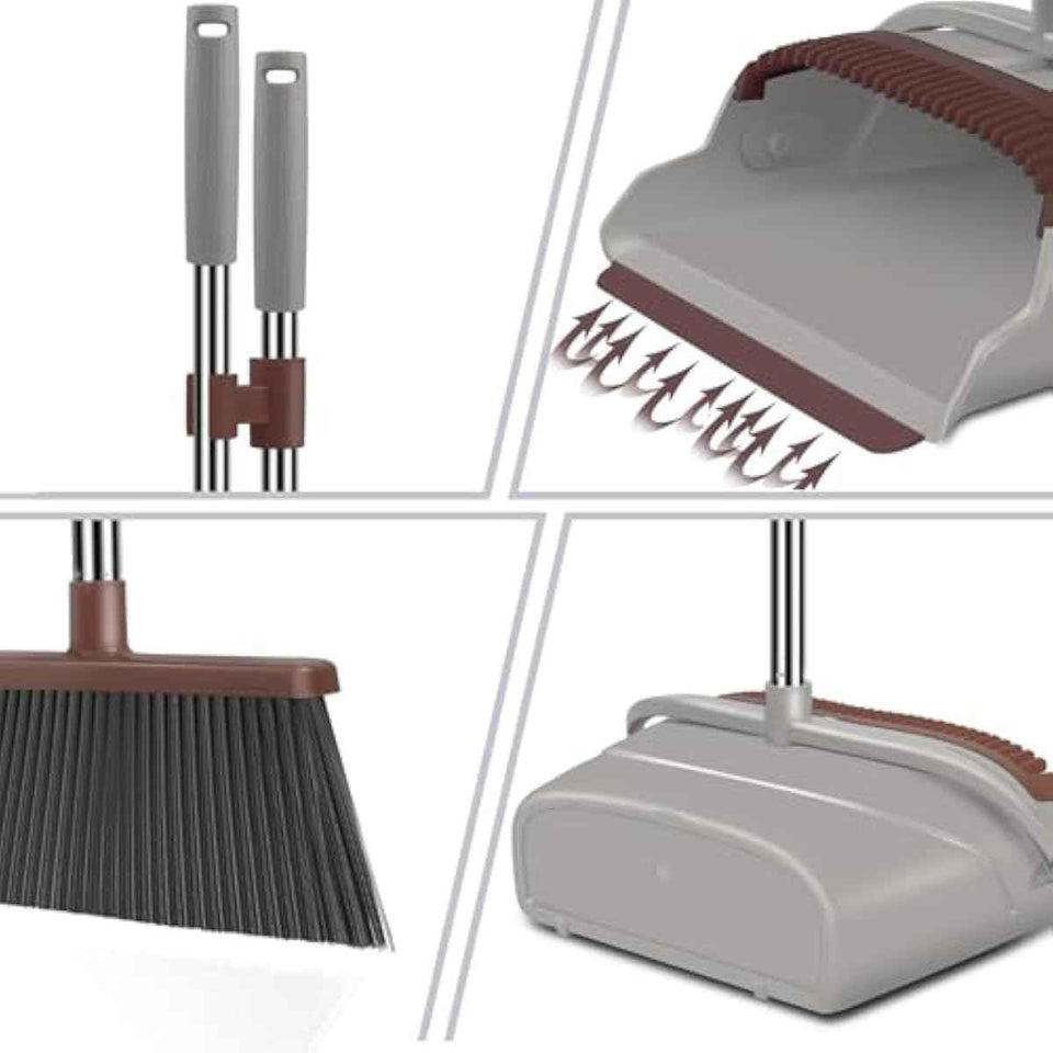 kelamayi Upgrade Broom and Dustpan Set, Self-Cleaning with Dustpan Teeth, Ideal for Dog Cat Pets Home Use, Super Long Handle Upright Stand Up Broom and Dustpan Set (Brown)