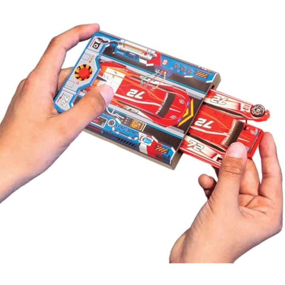 FLAT 2 FAST Original Stunt Card Racer - Crimson Red Compact Pocket Size Racecar Launcher with Built-in Button
