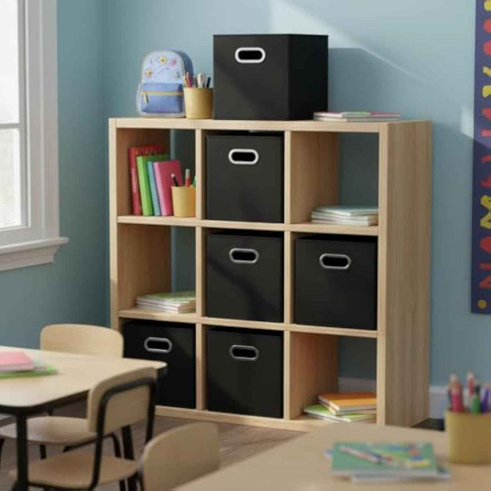 Household Essentials Foldable Fabric Storage Bins 6-Piece Set | Sturdy Chipboard Sides, Grommet Front Handle, Stackable and Foldable, Classic Black Design