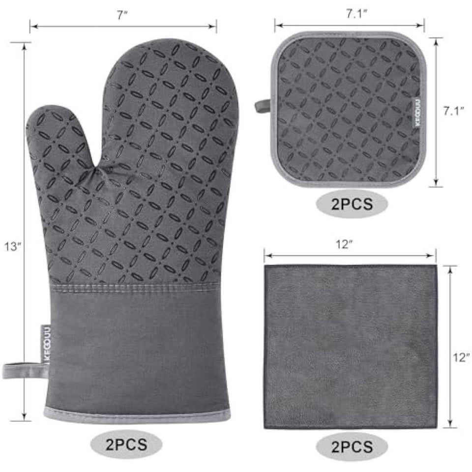 Oven Mitts and Pot Holders 6pcs Set with Non-Slip Silicone Surface, Grey