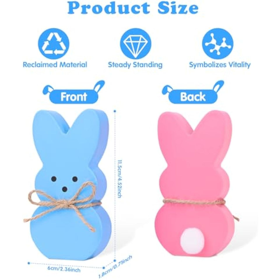 Easter Décor, 4 Pcs Wooden Peep Bunny Decorations for Tiered Tray, Mantel, Farmhouse, Cute Spring Signs for Home, Office, Party Supplies