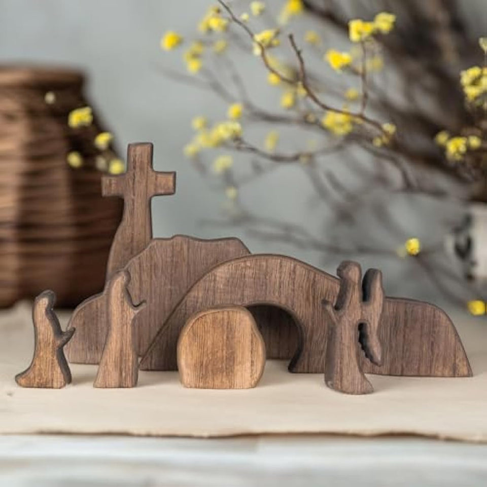 Nerosun wooden Easter resurrection scene and cross decoration set for religious home office tabletop