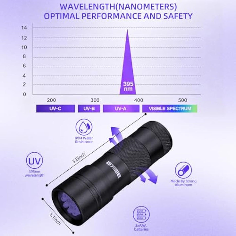 Blacklight Flashlight UV 12-LED Small Portable Mini for Hidden Stain Detection and Pet Urine