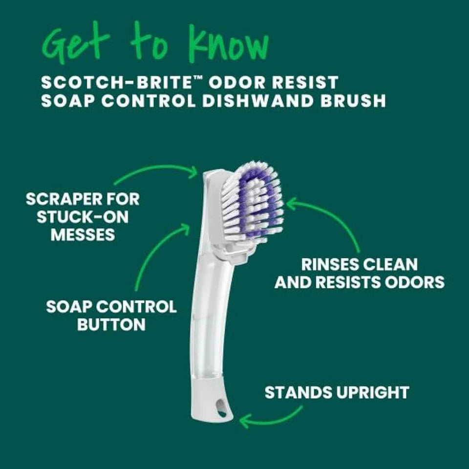 Scotch-Brite Odor-Resist Soap Control Dishwand Brush, Non-Scratch Cleaning with Scraper, Stands Upright, 1 Pack