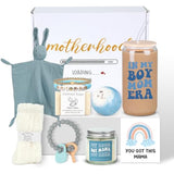 New Mom Gift Basket for Boy Mom, Postpartum Care Package with Boy Mom Drinking Cup and Bunny Lovey Blanket