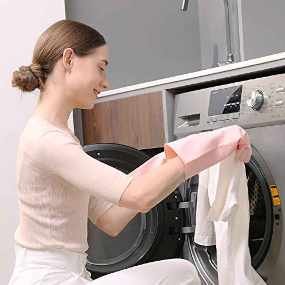 COOLJOB Medium Household Rubber Gloves with Cotton Liner, Non-slip Grip, and Waterproof Long Lasting Dishwashing Gloves for Kitchen and Bathroom Cleaning, Light Pink, 1 Pair