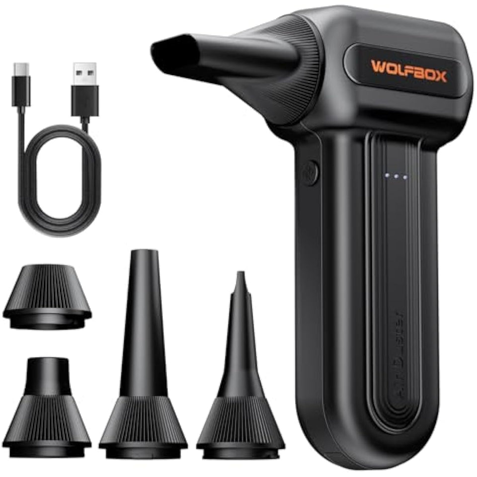 WOLFBOX MF60 Compressed Air Duster-110000RPM Super Power Electric Air Duster, 3-Speed Adjustable Rechargeable Cordless Air Blower with Fast Charging for PC Keyboard Cleaning, Car, Home, 5 Nozzle