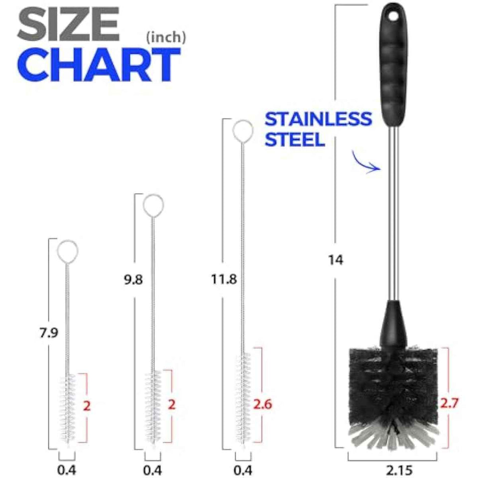 Holikme Bottle Brush Cleaner Set: 14" Stainless Steel Handle, 3 Straw Brushes, Abrasive Wheel for Water Bottles, Cups, Straws