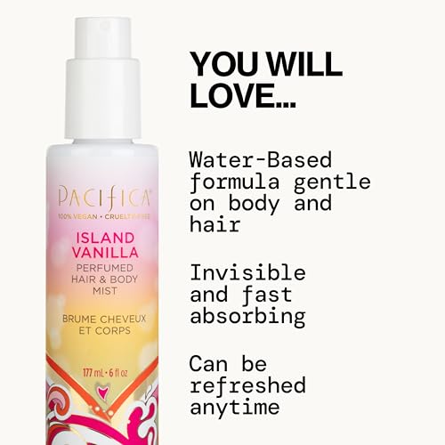 pacificas island vanilla 6oz hair and body mist, paraben-free, no alcohol, vegan and cruelty-free