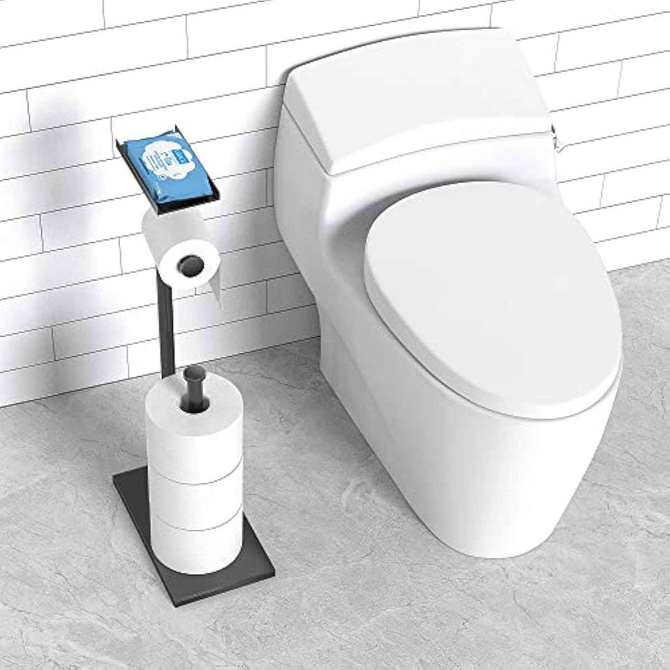 CISILY Black Toilet Paper Holder Stand with Phone Shelf, Bathroom Toliet Decor Decoration. Tissue Roll Free Standing Storage, Rv Accessories, Apartment Restroom Household Home Essentials