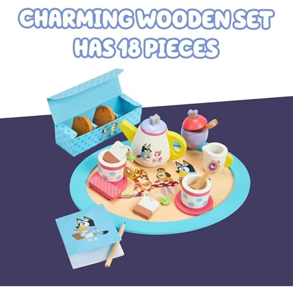 8th Wonder Bluey Toys Wooden Tea Party Set, 18-Piece Durable Toy Tea Set with Tray, Teapot, Teaspoons, and More, Pretend Play for Toddlers of Ages 3+