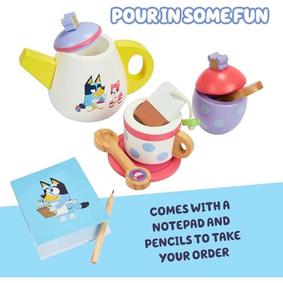 bluey 18-piece wooden tea party set, toddler-friendly tea set with tray, teapot, and utensils