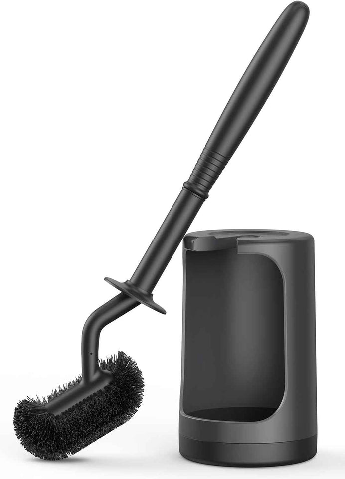 HAMITOR Toilet Bowl Brush Holder Set: Curved Design with Holder for Deep Cleaning Under Rim - Compact Hidden Scrubber for Small Space - Modern RV Bathroom Accessories - White