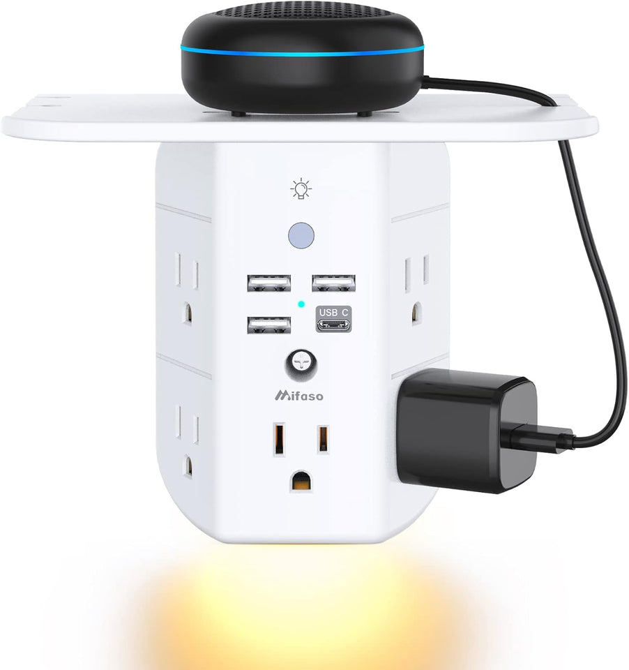 Mifaso 3-sided multi-plug power strip with shelf, night light, and surge protector, white
