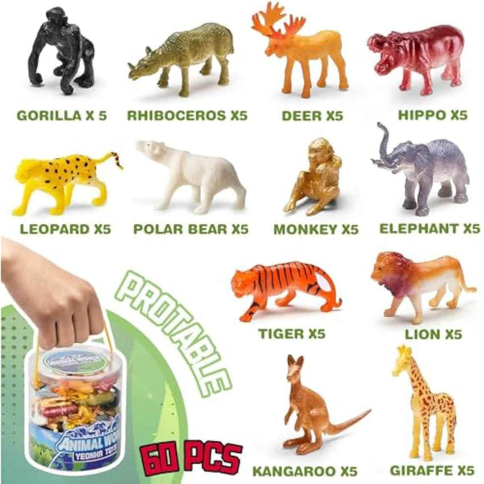 Yeonha Toys 60 Piece Mini Zoo Animal Toy with Gift Box, Realistic Small Plastic Animal Figure Sensory Bins, Jungle Party Favors, Cupcake Topper, School Education, Birthday Gifts for Kids Toddlers
