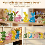 Easter Decor, 4 Pcs Bunny Spring Easter Decorations for Home Office Table, 5~6.4 Inches Wood Rabbit Easter Decorations Sign with Ribbons for Tiered Tray Mantel Shelf, Farmhouse Party Supplies