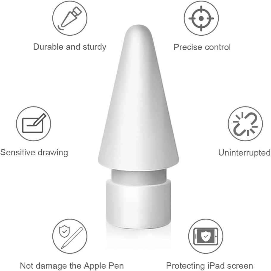 Apple Pencil 2nd Gen/ 1st Gen replacement tips, 4-pack white, durable nibs for iPad Pro Pencil 2/1