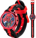Accutime Marvel Spiderman Kids Digital LCD Wrist-Watch with Red, Green, and Yellow LED Light Show and Popper Strap for Boys, Girls, and Toddlers - Perfect for Learning Time and Fun