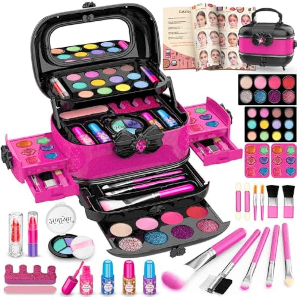 holyhi 58-piece kids makeup kit for girls rose color, princess toys with mirror and washable cosmetics, 3-12 years old