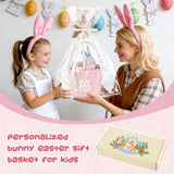 oiahomy pink easter basket with wooden handle for kids, personalized bunny gift basket for boys and girls