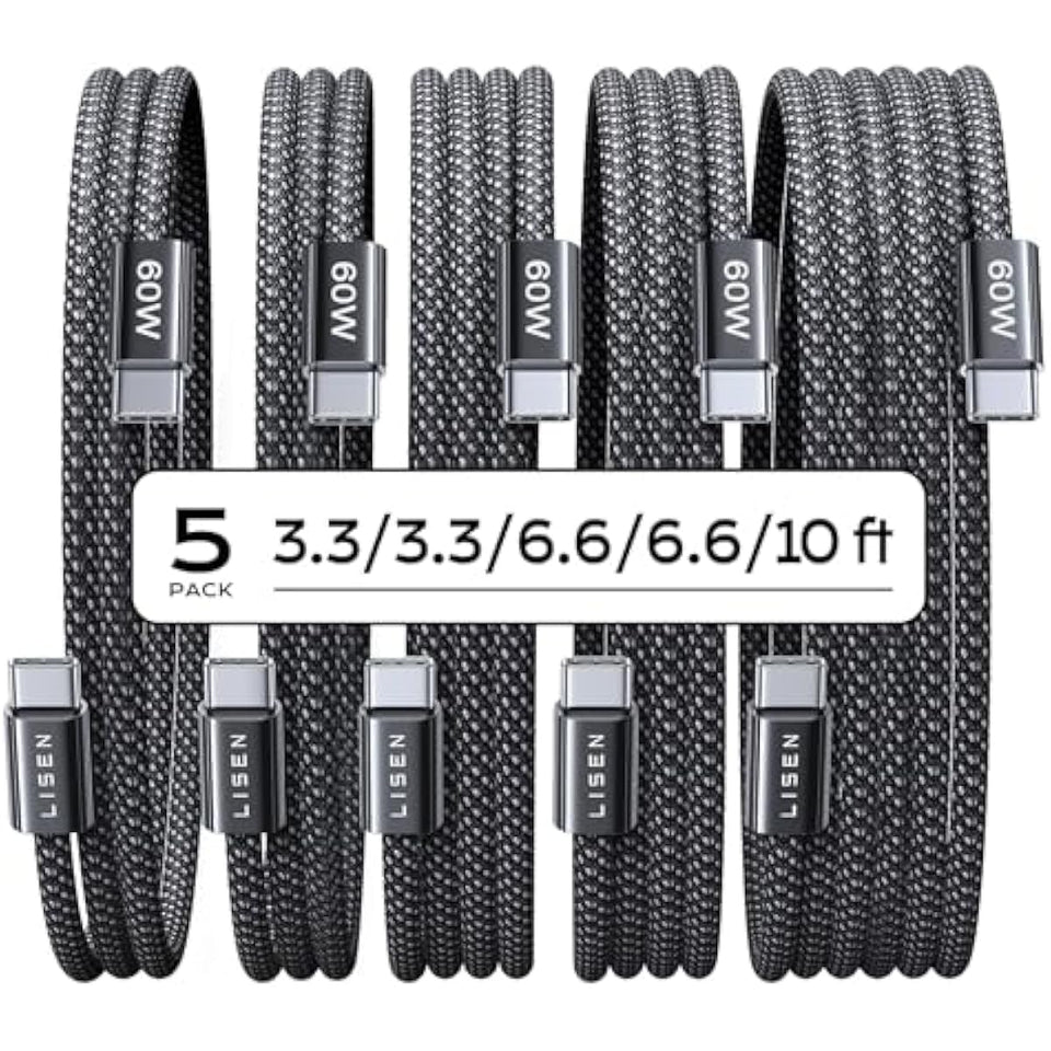 Lisen 5-pack usb c to c cable, 60w fast charging, 10ft for iphone 17, ipad, galaxy s25/s24