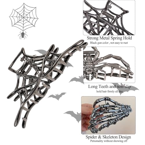 3PCS Black Spider Web Skeleton Hand Skull Hair Claw Clips for Women And Girls, Hiphop Metal Large Medium Size for Thick Thin Hair, Headband Barrette for styling Hair Accessories Party Gift (Black Gun)