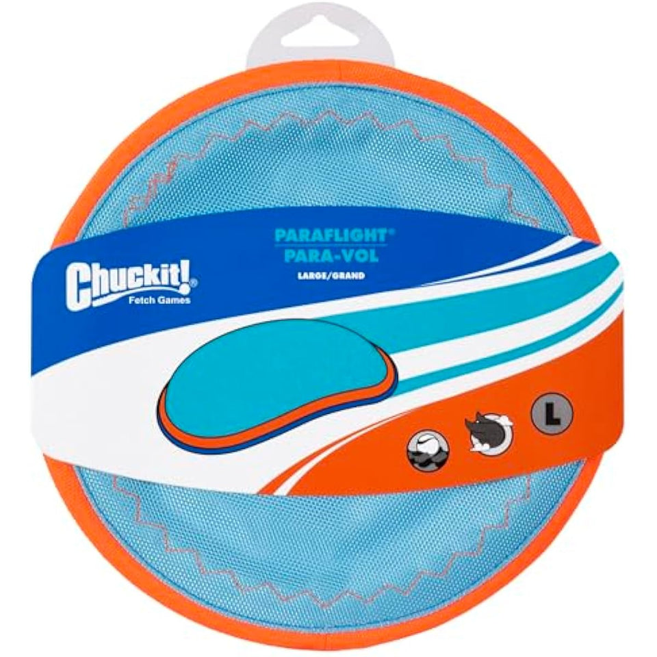 chuckit paraflight flying disc dog toy - water floating flyer - durable nylon with soft rubber edges - medium and large dogs - size large