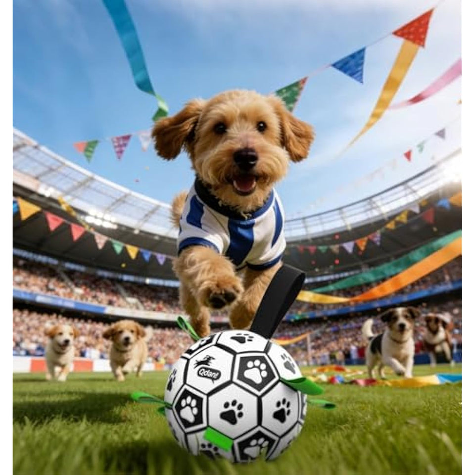 Qdan dog toys 6 inch world cup dog soccer ball with straps for small medium pet outdoor play