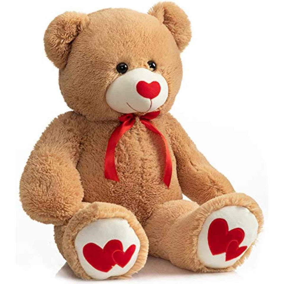 HollyHOME Big Teddy Bear Stuffed Animal Valentines Large Bear Plush with Red Heart for Girlfriend and Kids Valentines 36 inch Tan