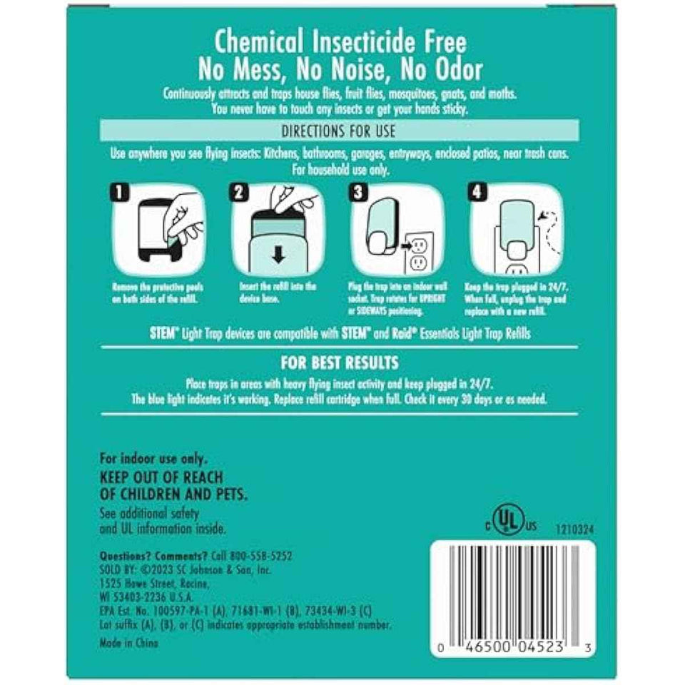 STEM Insect Trap - Indoor Fruit Fly & Gnat Pest Control for House, Home and Kitchen, Attracts & Traps Flying Bugs, Soft Blue Light - Includes 1 Plug-in Device & 3 Cartridges