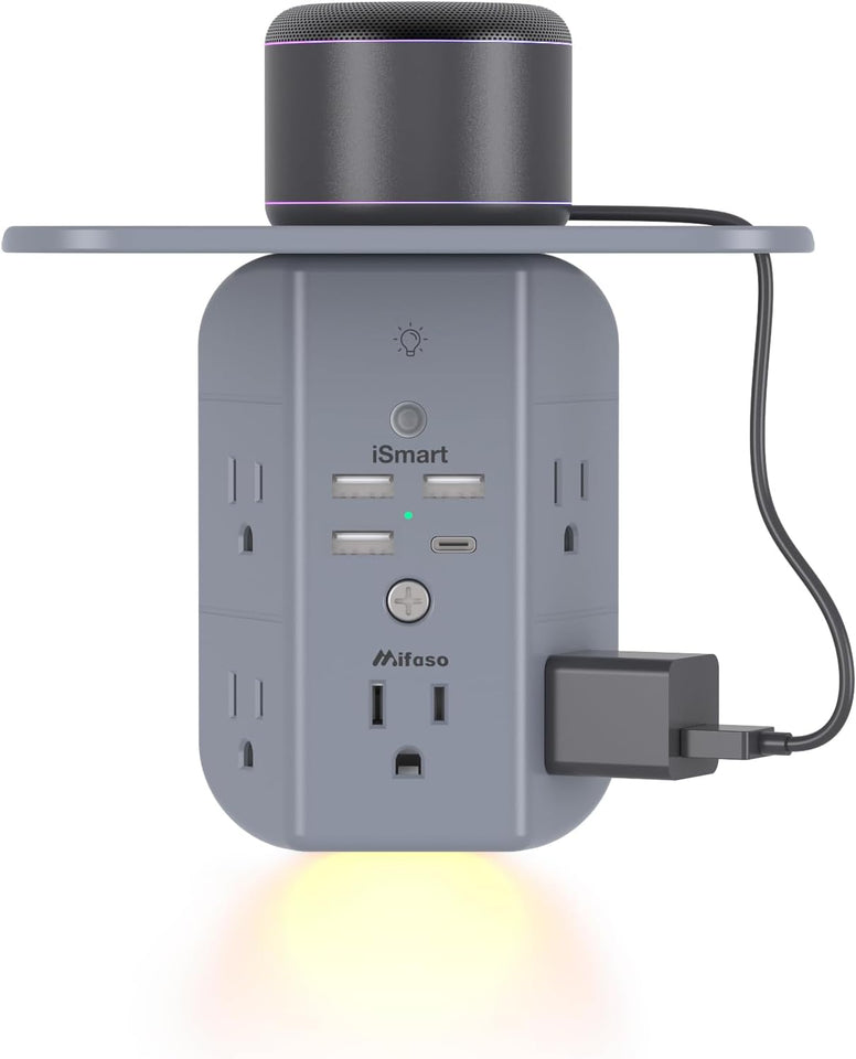 Mifaso 3-sided multi-plug power strip with shelf, night light, and surge protector, white